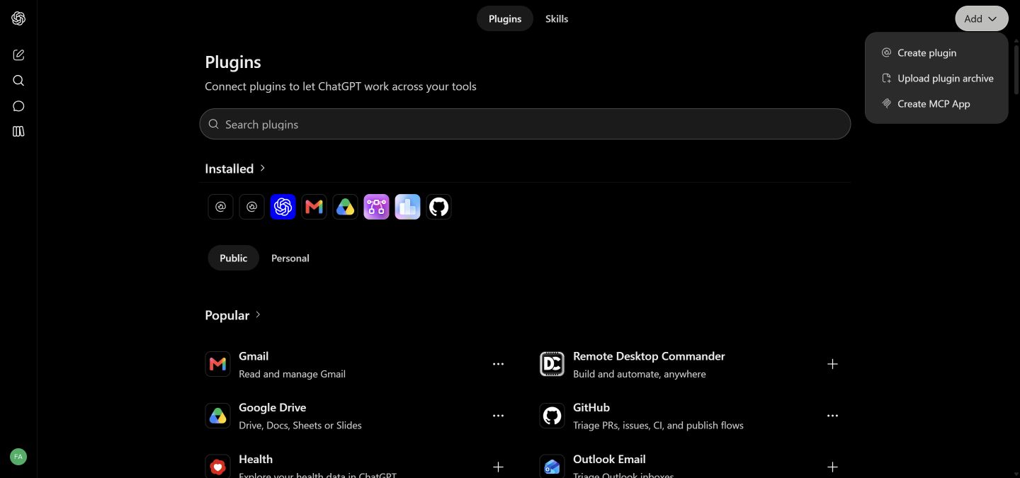 ChatGPT Plugins with the Add menu open and Create MCP App visible.