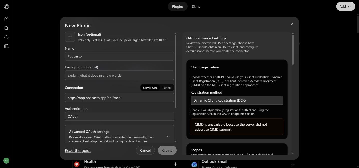 ChatGPT discovered OAuth settings with Dynamic Client Registration selected automatically.