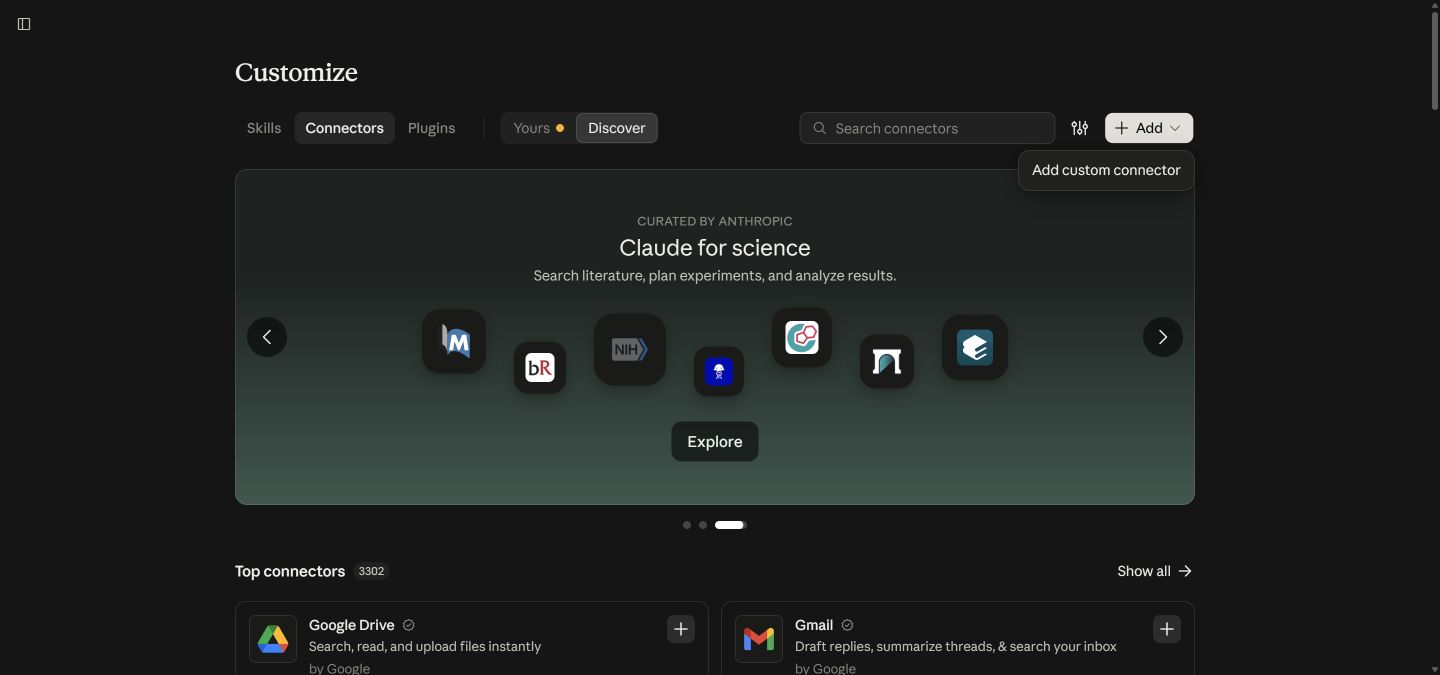Claude Customize Connectors page with the Add custom connector option visible.