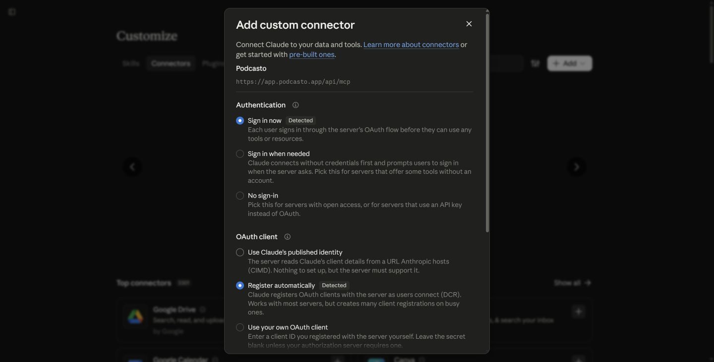 Claude connector authentication with Sign in now and Register automatically selected.