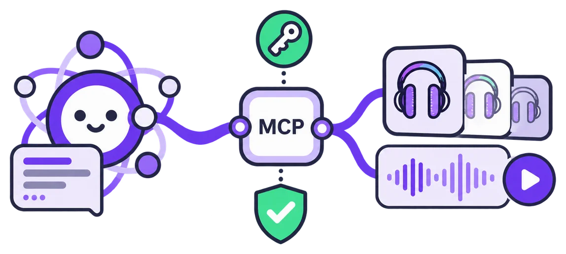 An AI assistant connected through an MCP gateway, guarded by a key and a shield, to a set of podcasts and a playing episode